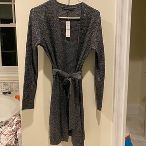 White House Black Market sparkly gray silver long cardigan with tie